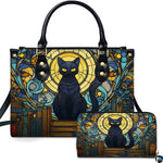 Studio presentation of cat stained glass windows art beside matching rectangular companion accessory.