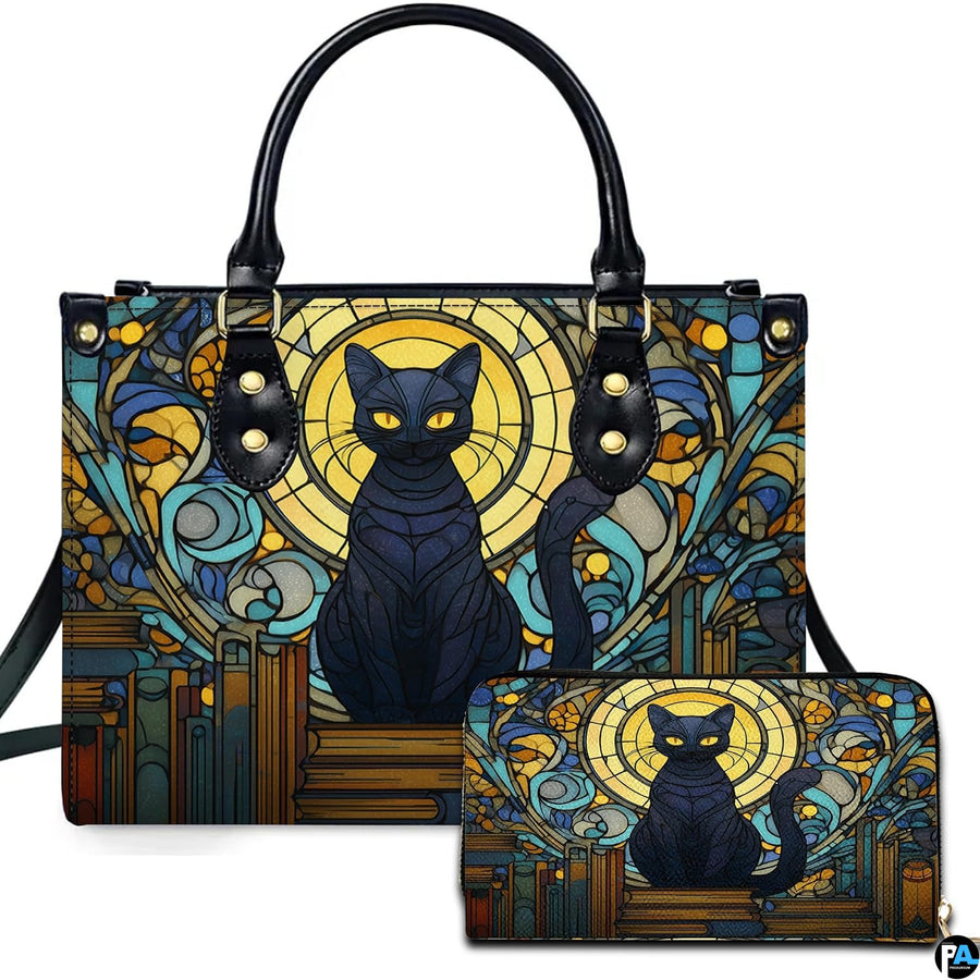 Studio presentation of cat stained glass windows art beside matching rectangular companion accessory.