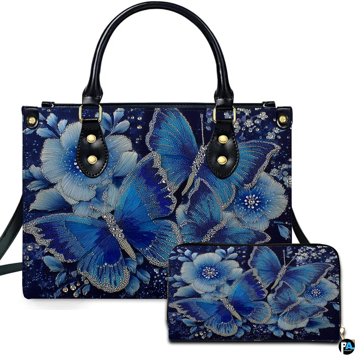 Sapphire butterfly handbag and matching zip wallet displayed against studio background with floral details.