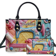 Pastel sewing machine art print featured on fashion accessory beside coordinating small companion piece.