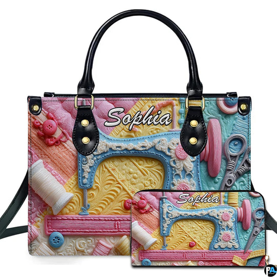 Pastel sewing machine art print featured on fashion accessory beside coordinating small companion piece.