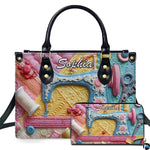 Pastel sewing machine art print featured on fashion accessory beside coordinating small companion piece.