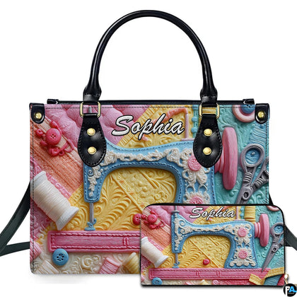 Pastel sewing machine art print featured on fashion accessory beside coordinating small companion piece.
