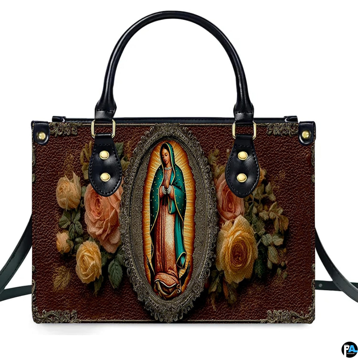 Close-up view of Virgin of Guadalupe icon within ornate golden filigree oval frame