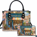 Whimsical watercolor storefront with pastel striped awning and teddy bear window on matching handbag and wallet set.