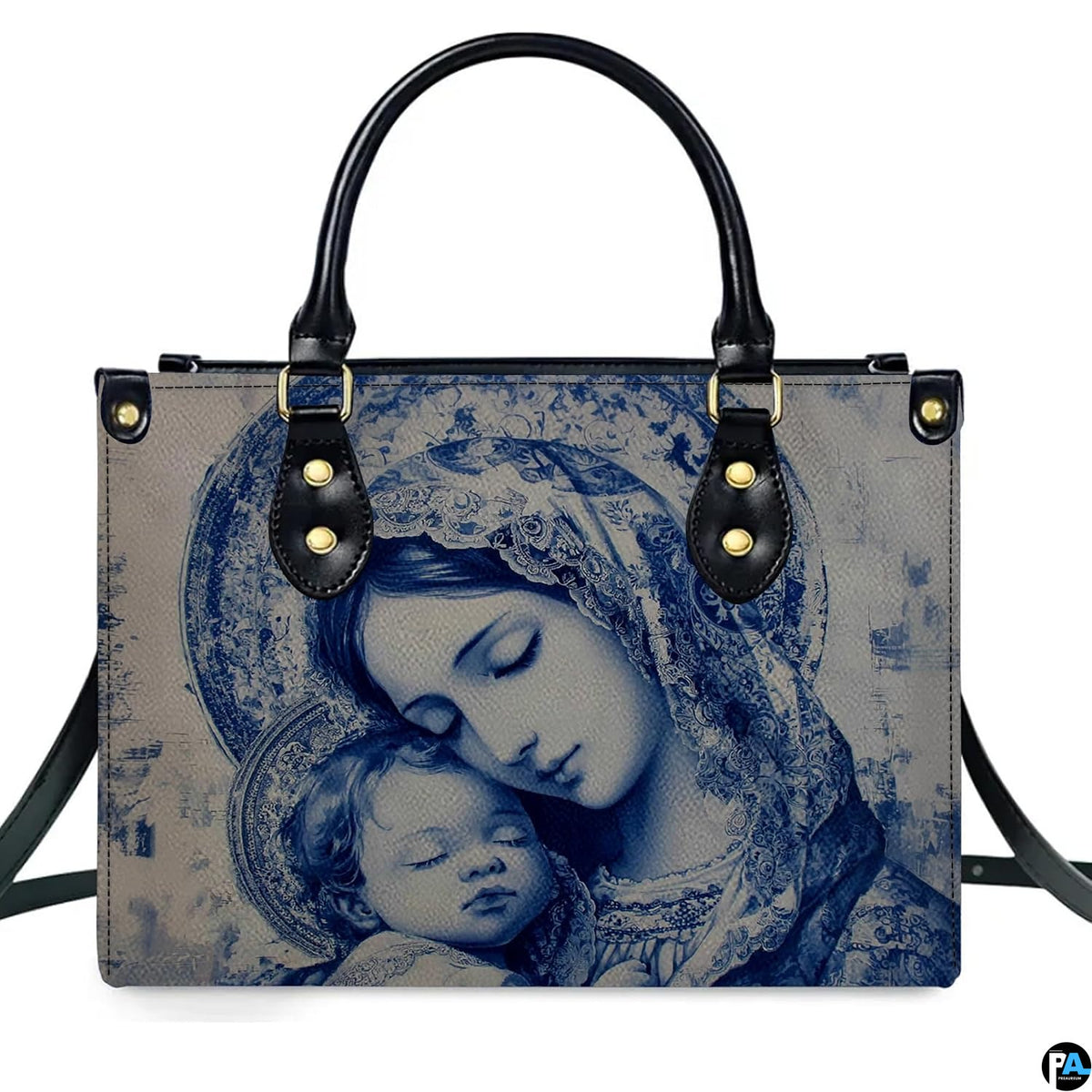 Front view of monochrome blue Virgin Mary and infant Jesus handbag on white background