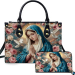 Virgin Mary praying with doves and pink roses printed on handbag and wallet set.