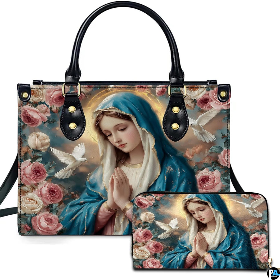 Virgin Mary praying with doves and pink roses printed on handbag and wallet set.