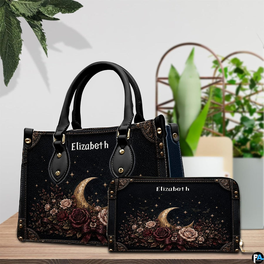 Frontal presentation highlighting the crescent moon art design on the primary accessory silhouette.