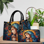 Turquoise veil Mary handbag and continental wallet displayed together on tabletop.