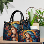 Turquoise veil Mary handbag and continental wallet displayed together on tabletop.