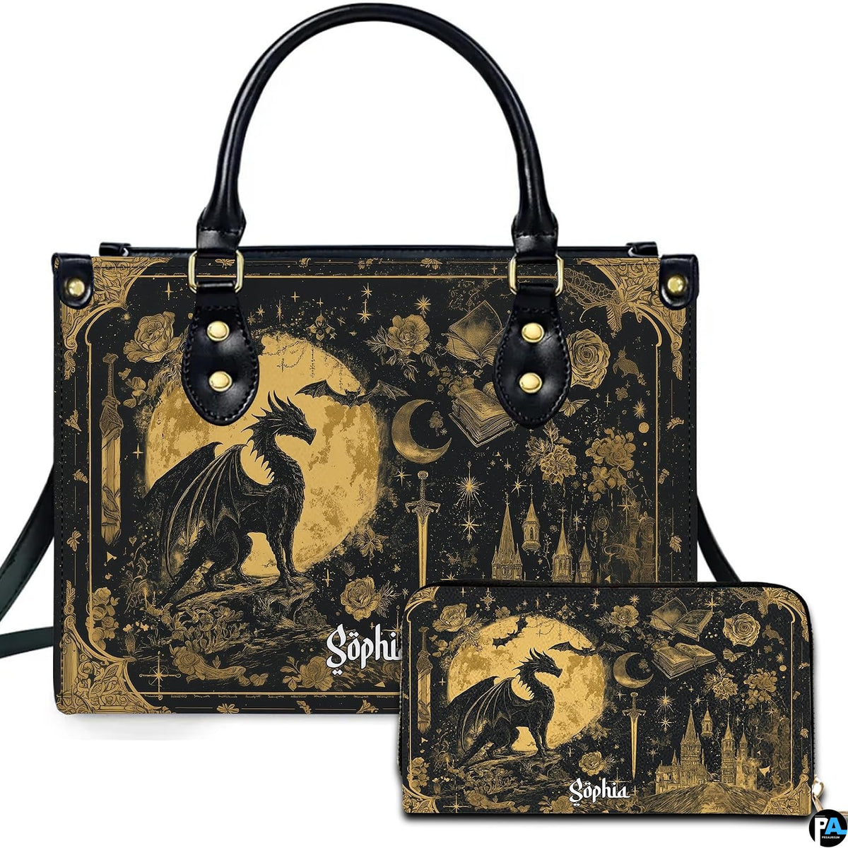 Celestial golden dragon moon handbag and matching wallet set on white background.