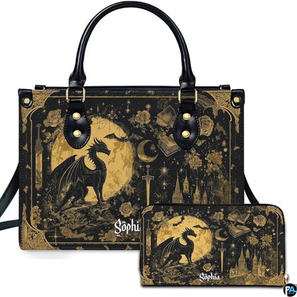 Celestial golden dragon moon handbag and matching wallet set on white background.