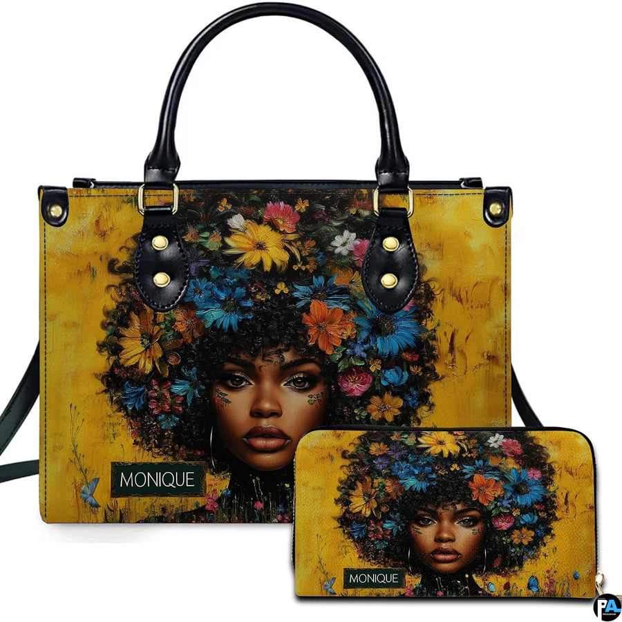 Black Girl Leather Handbag Custom Name Afrocentric Bag for - Design 03