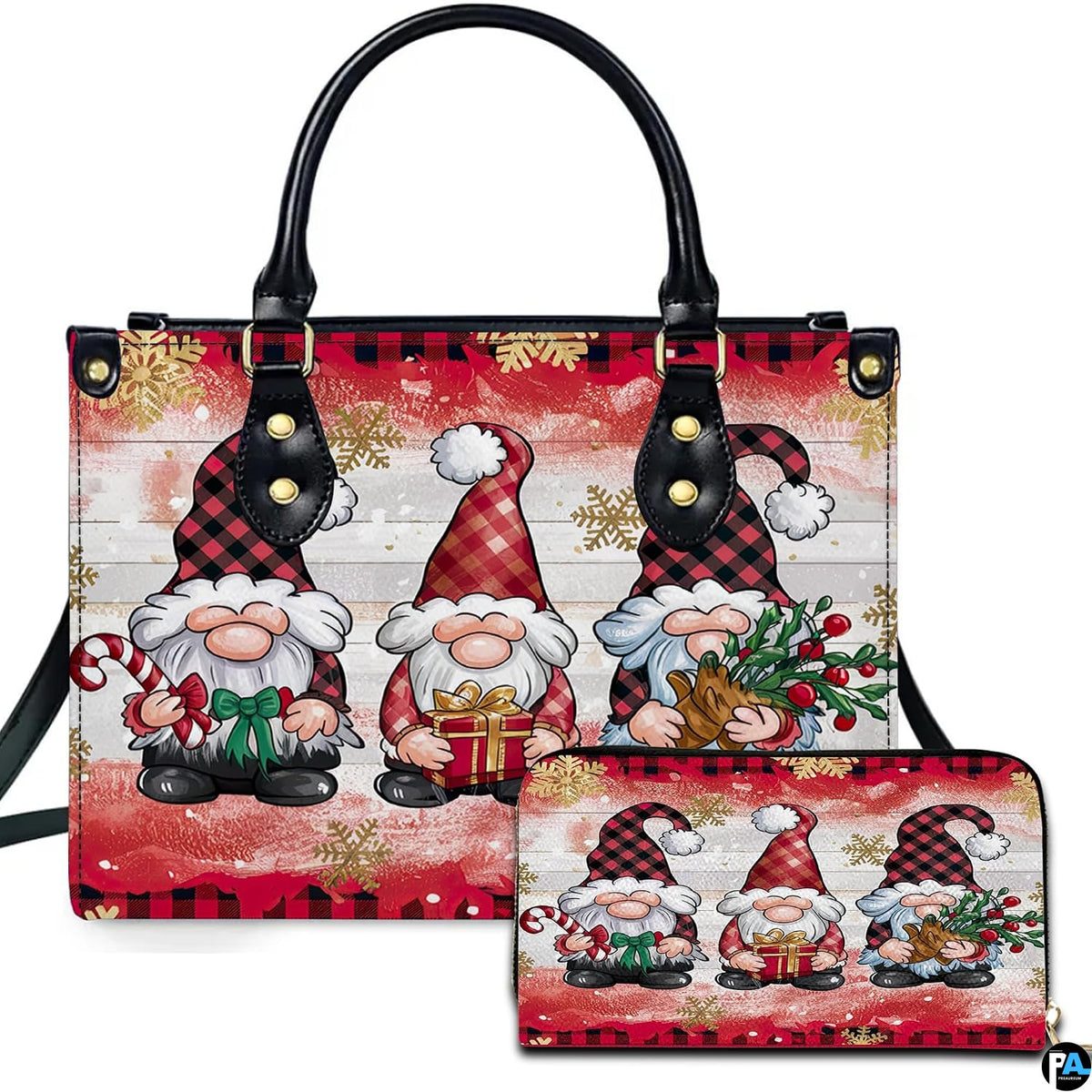 Front view of holiday accessory set showing three festive gnomes, buffalo plaid borders, and golden snowflakes.