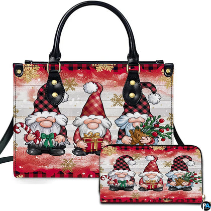 Front view of holiday accessory set showing three festive gnomes, buffalo plaid borders, and golden snowflakes.