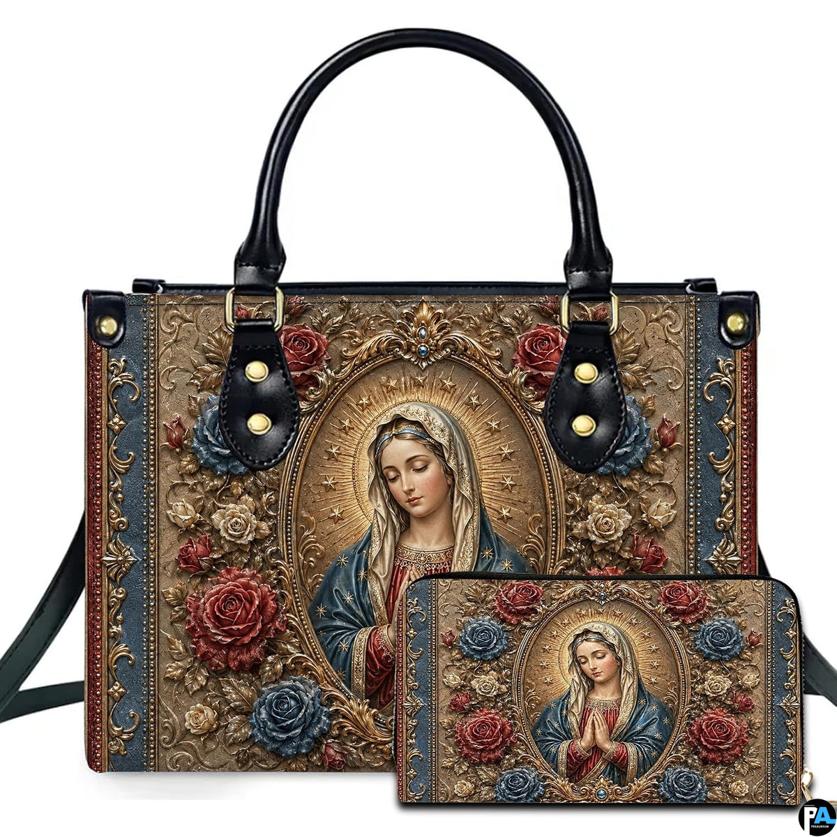Baroque Virgin Mary oval medallion artwork on coordinated handbag and wallet set