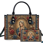 Baroque Virgin Mary oval medallion artwork on coordinated handbag and wallet set