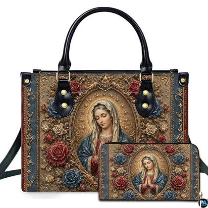 Baroque Virgin Mary oval medallion artwork on coordinated handbag and wallet set