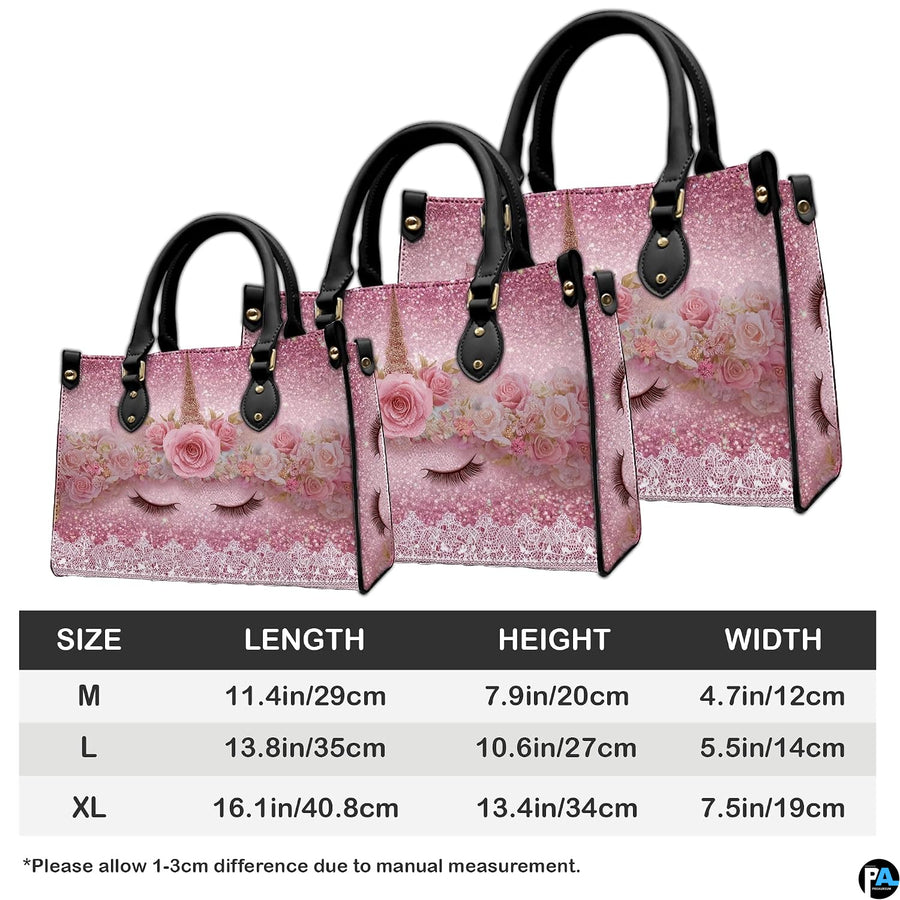 Back view of unicorn handbag showing continuous sparkling pink glitter pattern.