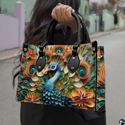 Woman carrying a geometric peacock handbag with layered floral shapes
