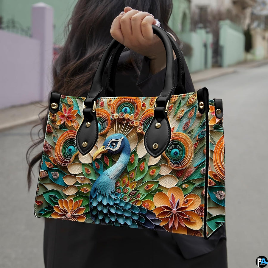 Woman carrying a geometric peacock handbag with layered floral shapes