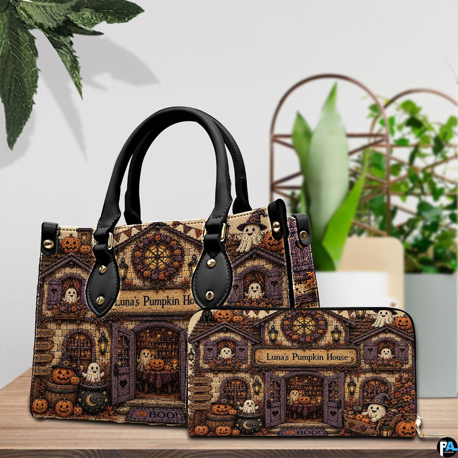 Tabletop scene presenting both pieces of the cute ghost art accessory alongside indoor foliage.