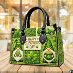 Angled gnome clover handbag with pickup, gold coins, and green collage