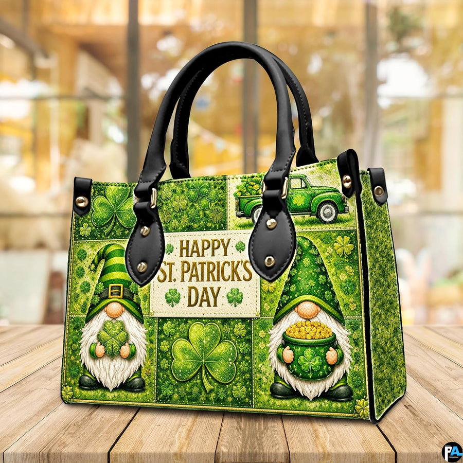 Angled gnome clover handbag with pickup, gold coins, and green collage