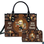 Classic library bookshelf handbag and matching wallet featuring reading illustration medallion.