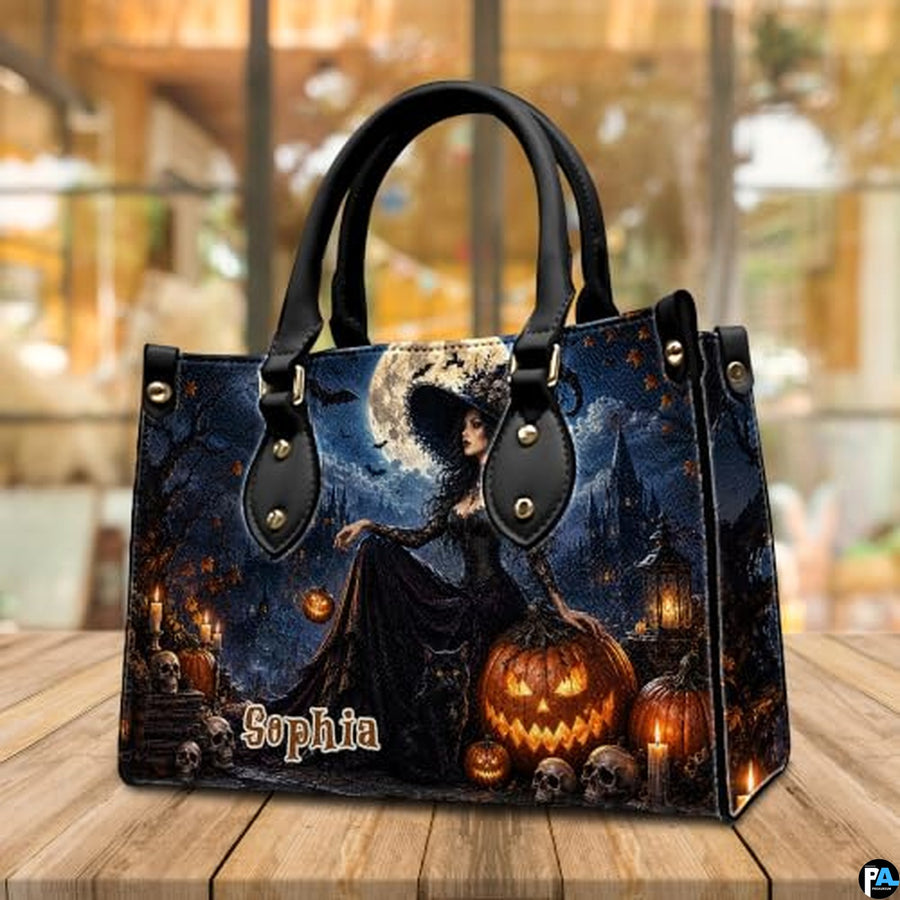 Personalized Bat Pumpkin Woman with a witch. Handbag