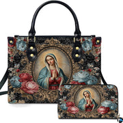 Baroque framed Virgin Mary handbag with antique gold filigree and vintage roses.