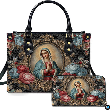 Baroque framed Virgin Mary handbag with antique gold filigree and vintage roses.