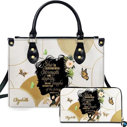 Front studio presentation showcasing golden radial arch patterns, a profile silhouette, and a blooming floral cross.