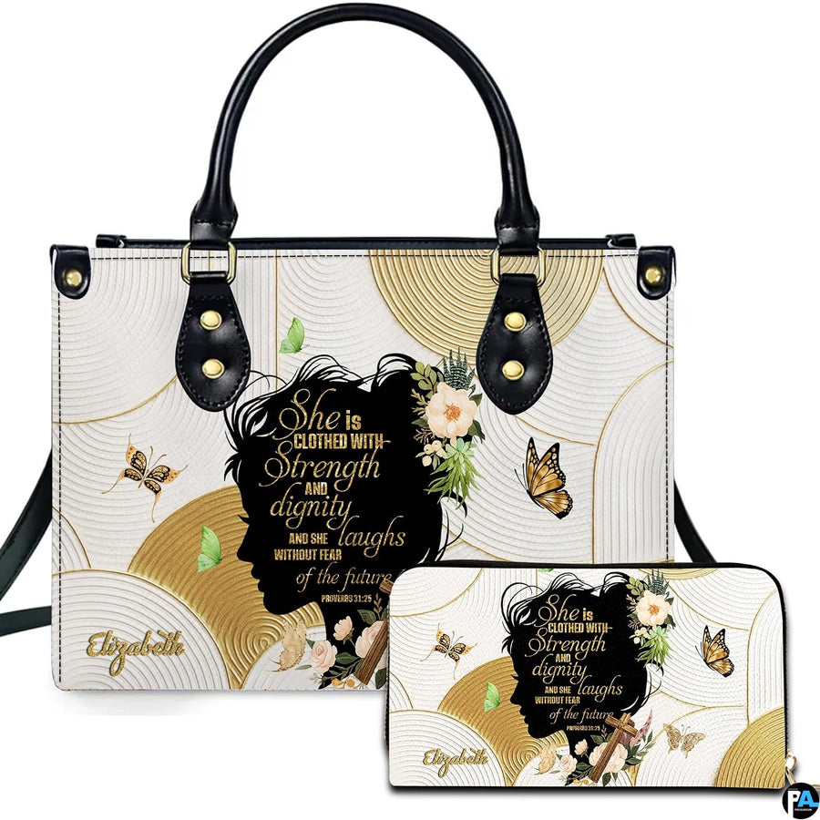 Front studio presentation showcasing golden radial arch patterns, a profile silhouette, and a blooming floral cross.