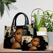 Tabletop scene presenting matching accessories featuring the floral portrait beside potted greenery.