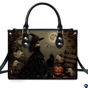 Front perspective of dark gothic witch art accessory featuring sorceress, feline companion, and carved pumpkins.