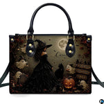 Front perspective of dark gothic witch art accessory featuring sorceress, feline companion, and carved pumpkins.