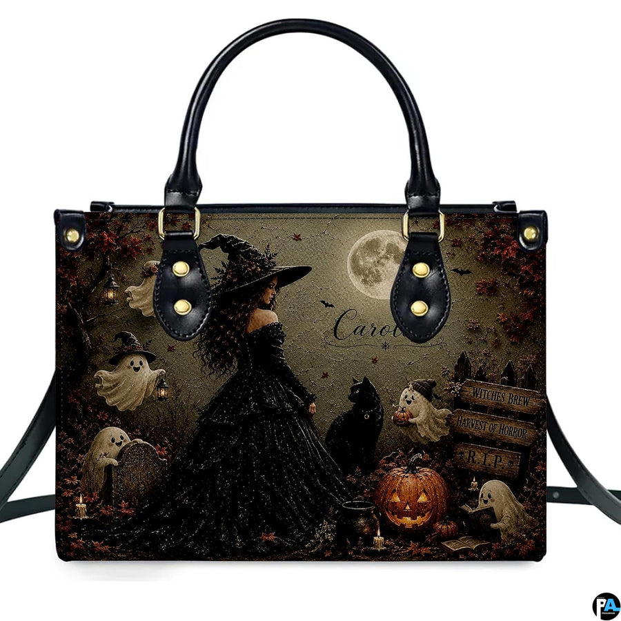 Front perspective of dark gothic witch art accessory featuring sorceress, feline companion, and carved pumpkins.