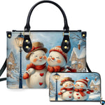 Front view of structured silhouette and matching accessory showcasing a snowman couple with heart buttons in a village.