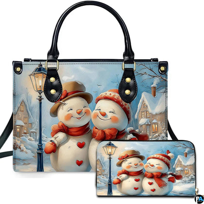 Front view of structured silhouette and matching accessory showcasing a snowman couple with heart buttons in a village.