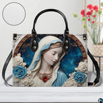 Porcelain cameo handbag shown on white wooden table with texture swatch and background floral vase.