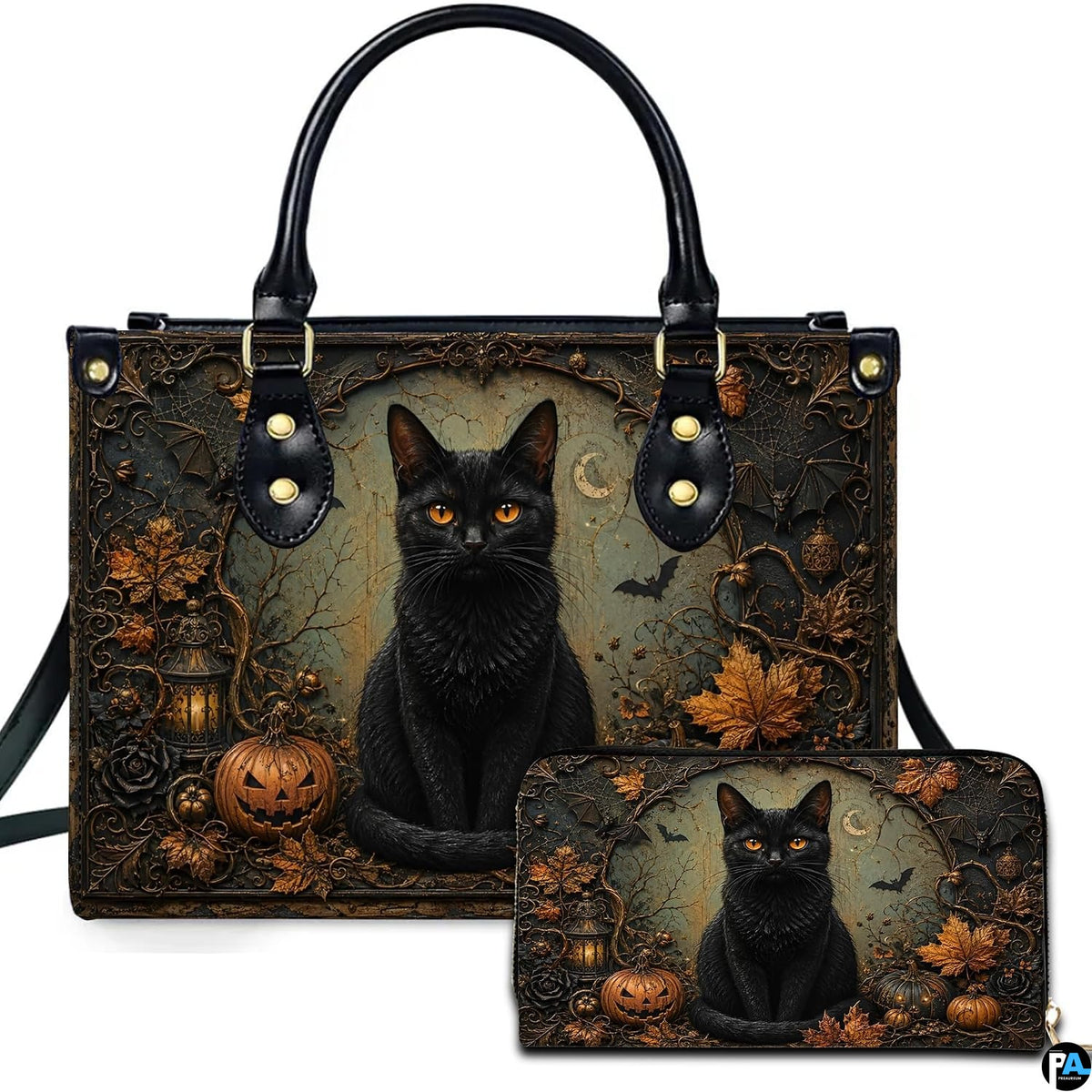 Studio presentation showing Halloween cat artwork alongside matching companion accessory on plain white surface.