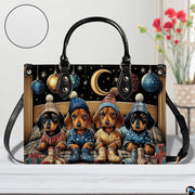 Macro close-up highlighting fine artistic details in the dachshund puppies' faces and pompom beanies.