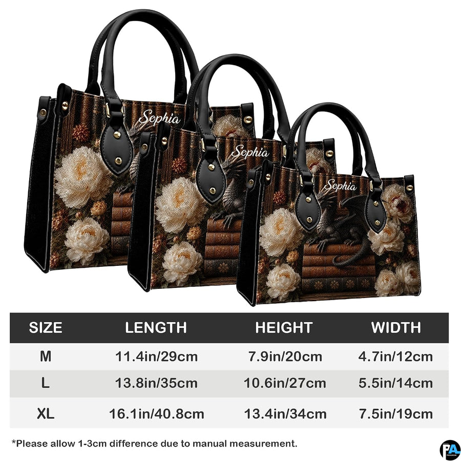 Lifestyle presentation of black dragon handbag and wallet set with styling accessories