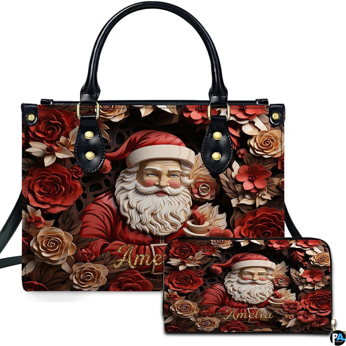 Christmas Santa purse and matching wallet featuring 3D paper-cut Santa surrounded by crimson roses.