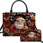Christmas Santa purse and matching wallet featuring 3D paper-cut Santa surrounded by crimson roses.
