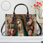 Side profile view of handbag showcasing continuous antique floral damask background