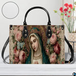 Side profile view of handbag showcasing continuous antique floral damask background