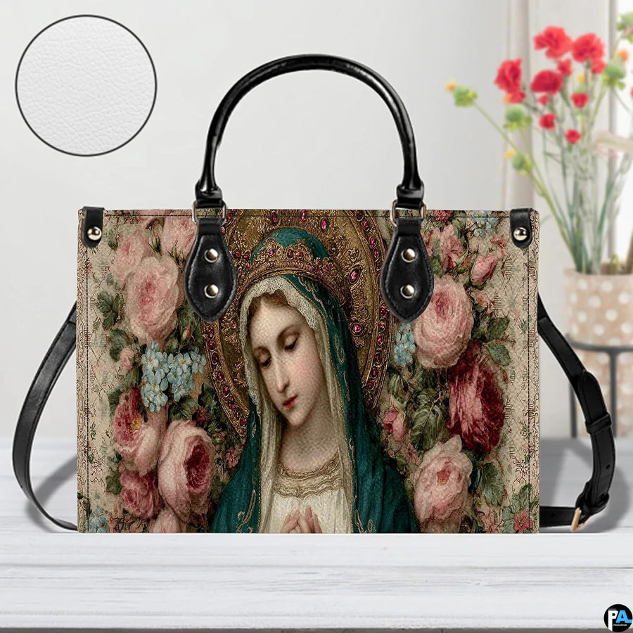 Side profile view of handbag showcasing continuous antique floral damask background